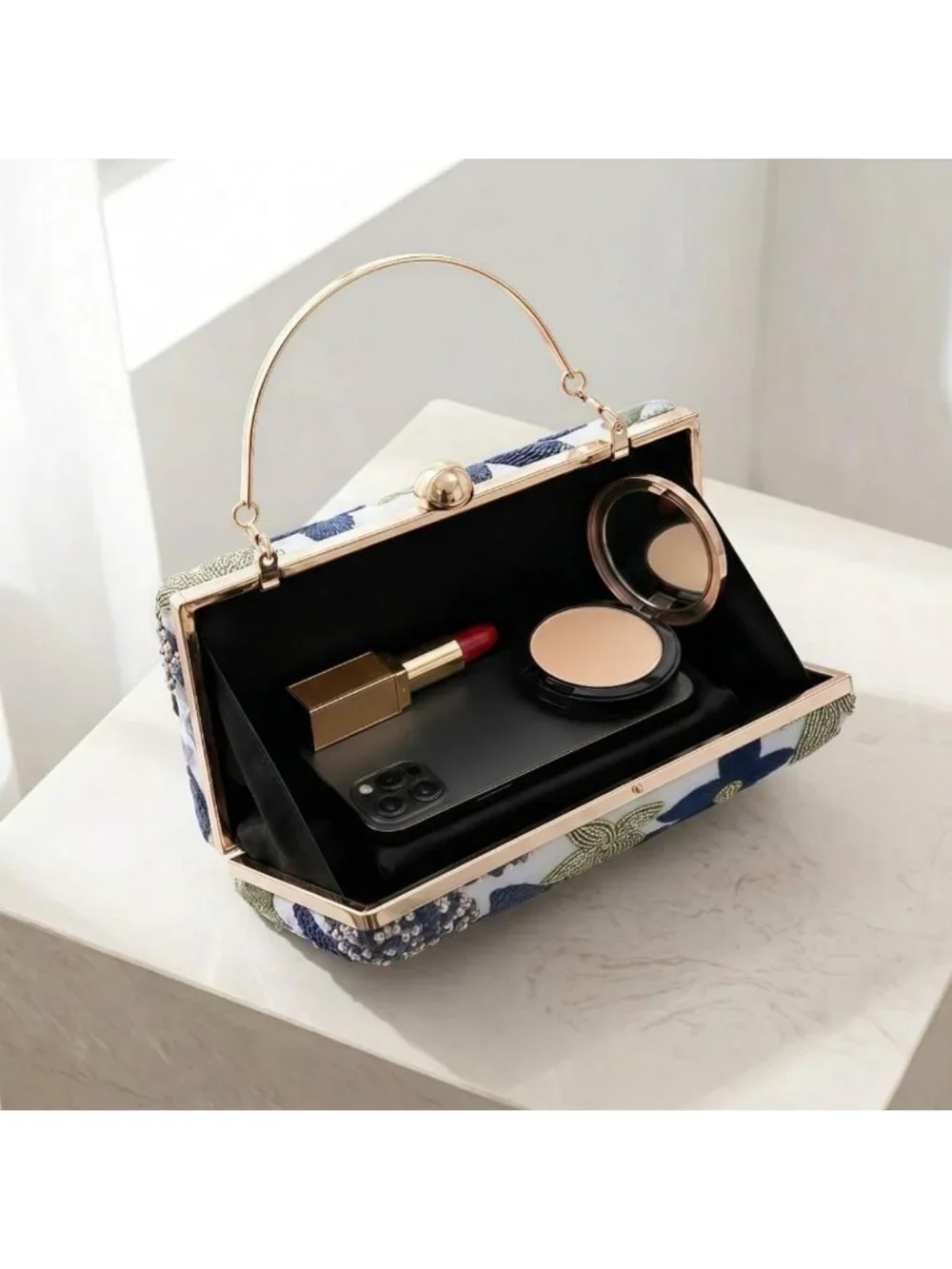 Floral Sequin Beaded Clutch Purse - Hard Shell Evening Bag for Weddings